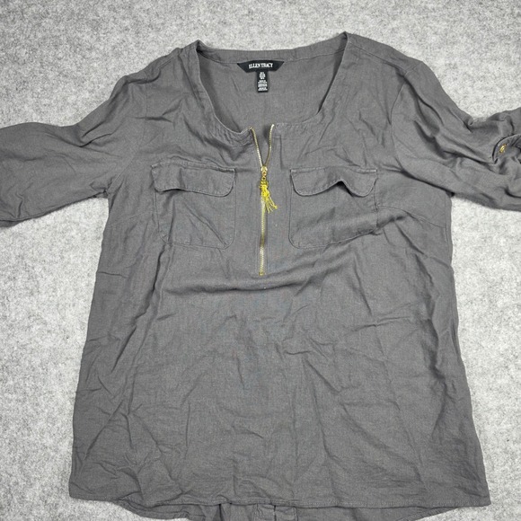 Ellen Tracy Blouse Women S Gray 3/4 Sleeve Zip Front Tassel Solid Gray Blouse - Picture 6 of 9